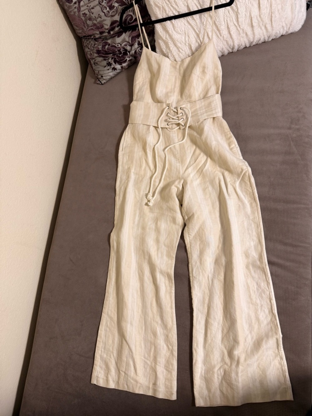 Astr Cream Spaghetti-Strap Jumpsuit with attached Rope Tie Belt